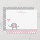 ピンクとグレーの象のハートサンキューカード ノートカード (正面/裏面)