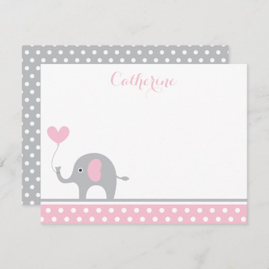 ピンクとグレーの象のハートサンキューカード ノートカード (正面/裏面)