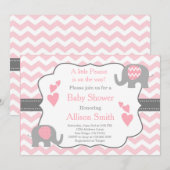 ピンクとグレーの象のベビーシャワー招待状 招待状 (正面/裏面)