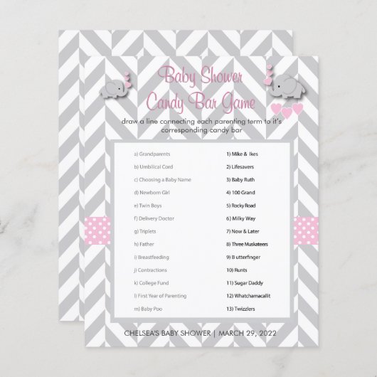 ピンクとグレーの象の赤ちゃんシャワーゲーム (正面/裏面)