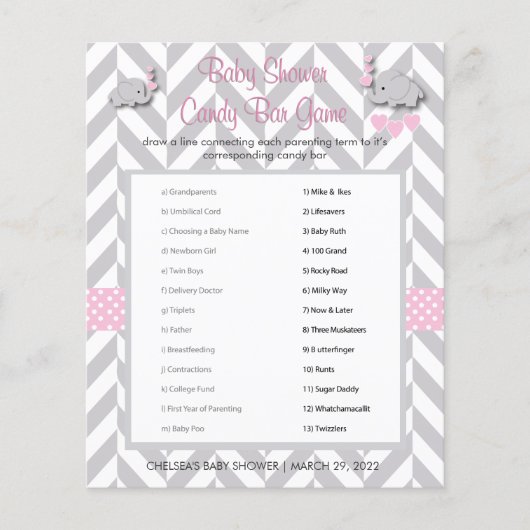 ピンクとグレーの象の赤ちゃんシャワーゲーム (正面)