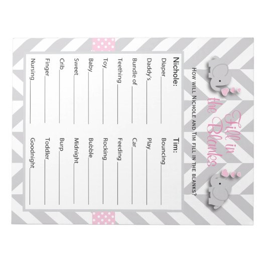 ピンクとグレーの象の赤ちゃんシャワーゲーム – カスタム ノートパッド (正面)