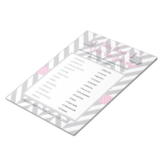 ピンクとグレーの象の赤ちゃんシャワーゲーム ノートパッド (アングル)