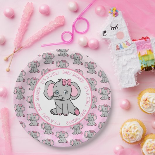 ピンクとグレーの象をテーマにした赤ちゃんシャワー ペーパープレート (パーティー)