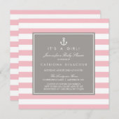 ピンクとグレーの赤航海のちゃんシャワー招待状 招待状 (正面/裏面)