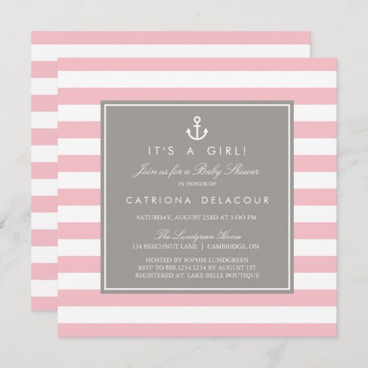 ピンクとグレーの赤航海のちゃんシャワー招待状 招待状 (正面/裏面)