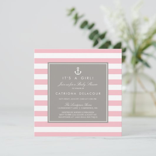 ピンクとグレーの赤航海のちゃんシャワー招待状 招待状 (スタンド正面)