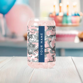 ピンクとグレーの迷彩自分の名前をパーソナライズ ガラス缶