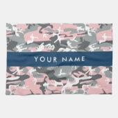 ピンクとグレーの迷彩自分の名前をパーソナライズ キッチンタオル (横)