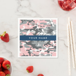 ピンクとグレーの迷彩自分の名前をパーソナライズ スタンダードカクテルナプキン