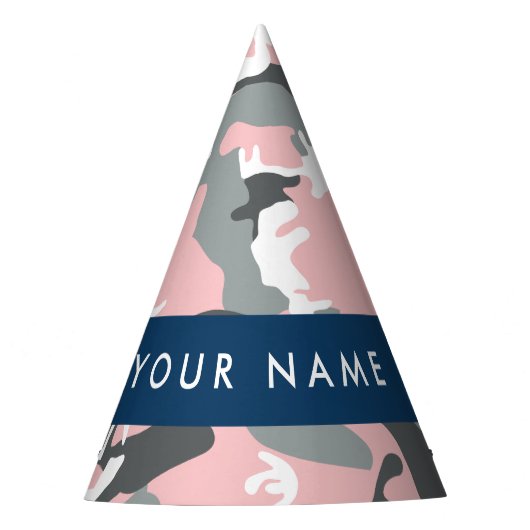 ピンクとグレーの迷彩自分の名前をパーソナライズ パーティーハット (正面)