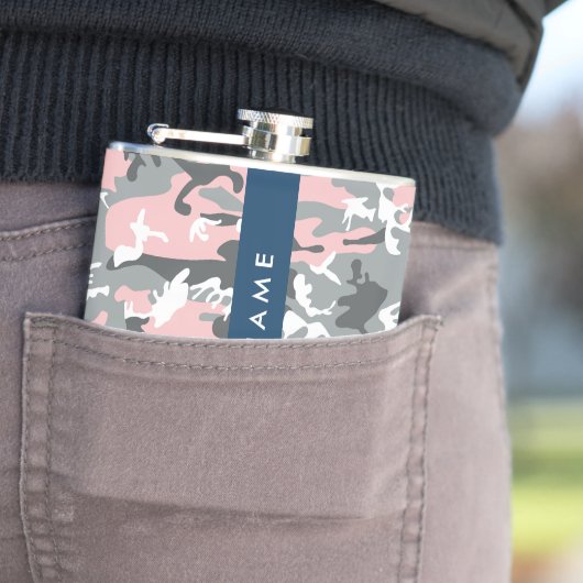 ピンクとグレーの迷彩自分の名前をパーソナライズ フラスク (インサイチュ)