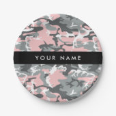ピンクとグレーの迷彩自分の名前をパーソナライズ ペーパープレート (正面)