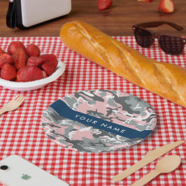 ピンクとグレーの迷彩自分の名前をパーソナライズ ペーパープレート