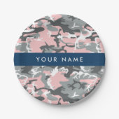 ピンクとグレーの迷彩自分の名前をパーソナライズ ペーパープレート (正面)