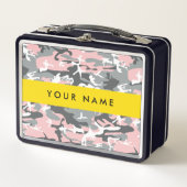 ピンクとグレーの迷彩自分の名前をパーソナライズ メタルランチボックス (正面)