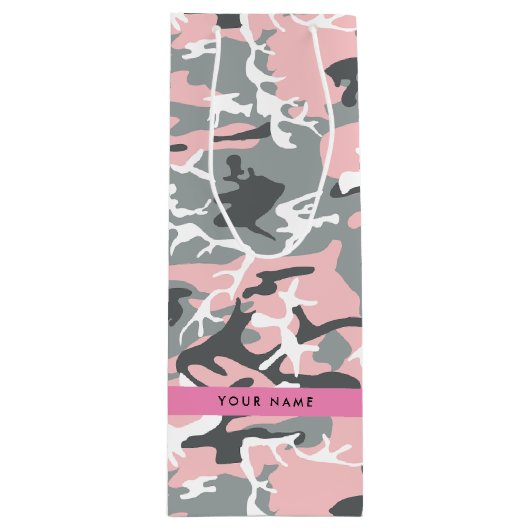 ピンクとグレーの迷彩自分の名前をパーソナライズ ワインギフトバッグ (正面)