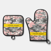 ピンクとグレーの迷彩自分の名前をパーソナライズ 鍋つかみ&鍋敷きセット (正面)