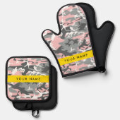 ピンクとグレーの迷彩自分の名前をパーソナライズ 鍋つかみ&鍋敷きセット (正面/裏面)