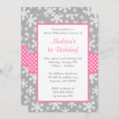 ピンクとグレーの雪片ウィンターオーダーランド 招待状 (正面/裏面)