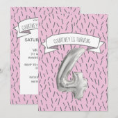 ピンクとグレーの風船ガールズ 4歳の誕生日パーティー 招待状 (正面/裏面)