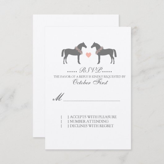 ピンクとグレーの馬の結婚式RSVP 出欠カード (正面/裏面)