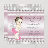 ピンクとグレーエンジェルパールベビーガールシャワー 招待状 (正面/裏面)