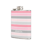 ピンクとグレーストライプのパーソナライズされた フラスク (左)
