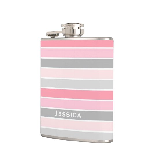 ピンクとグレーストライプのパーソナライズされた フラスク (左)