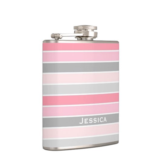 ピンクとグレーストライプのパーソナライズされた フラスク (右)