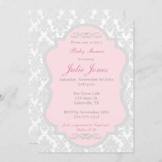 ピンクとグレーダマスクベビーシャワー招待状 招待状 (正面/裏面)