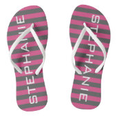 ピンクとグレーラグビーストライプ名前をカスタムする付き ビーチサンダル (ソール)