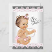 ピンクとグレーレース真珠ベビーガールシャワー 招待状 (正面)