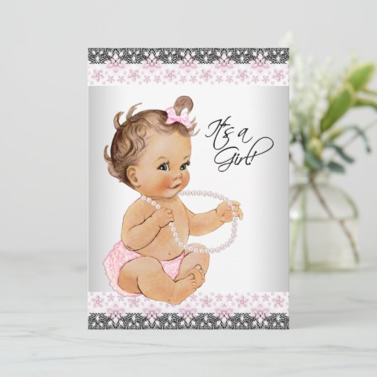 ピンクとグレーレース真珠ベビーガールシャワー 招待状 (スタンド正面)