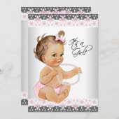 ピンクとグレーレース真珠ベビーガールシャワー 招待状 (正面/裏面)