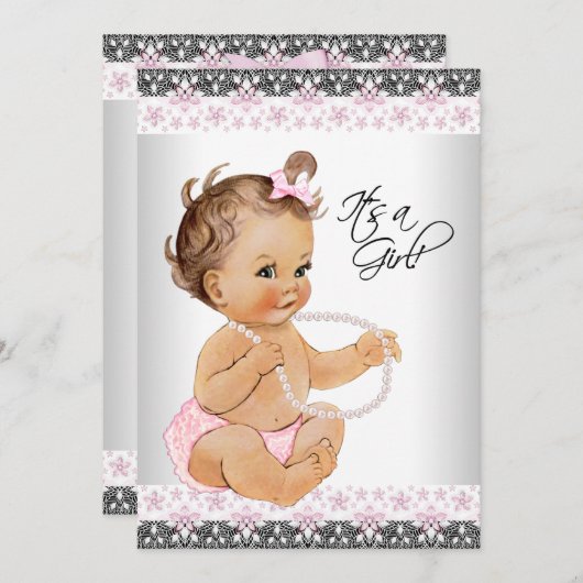 ピンクとグレーレース真珠ベビーガールシャワー 招待状 (正面/裏面)