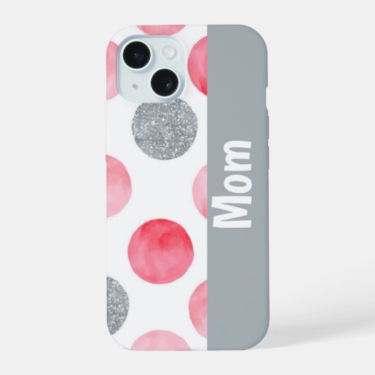 ピンクとグレー ドット  名前入り iPhone 15ケース (裏面)