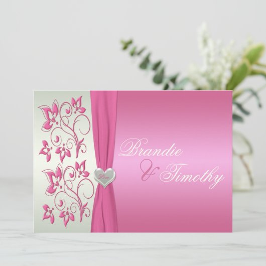 ピンクとグ淡い色のリーンのフローラ結婚式招待状 招待状 (スタンド正面)