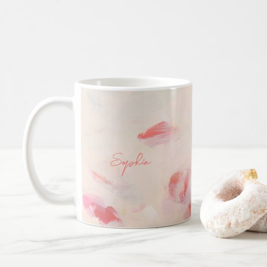 ピンクとコーラルの抽象芸術ペインティング 名前 コーヒーマグカップ (ドーナツ)