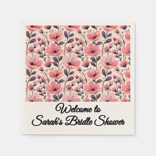 ピンクとコーラルウォーターのカラーフローラナプキン スタンダードカクテルナプキン (正面)