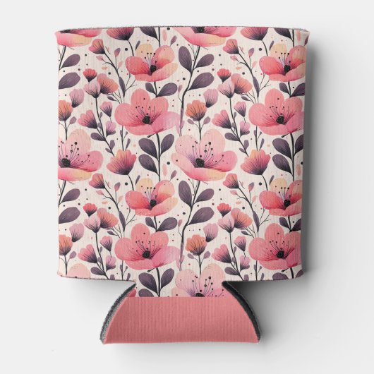 ピンクとコーラルウォーターのカラーフローラ 缶クーラー (正面)
