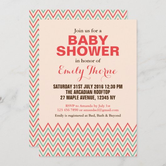 ピンクとコーラル チェブロン ベビーシャワー 招待状 (正面/裏面)