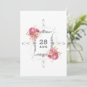 ピンクとゴールドとシルバーの花柄ダイヤモンドの結婚式 セーブザデート (スタンド正面)