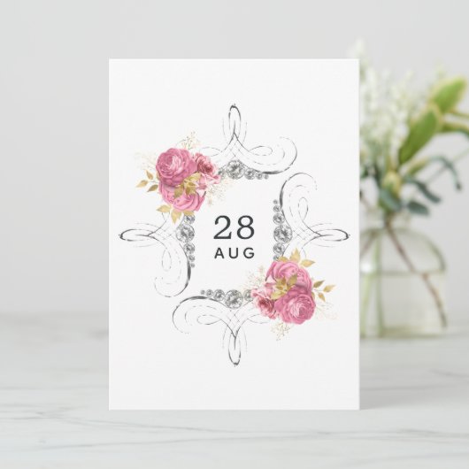 ピンクとゴールドとシルバーの花柄ダイヤモンドの結婚式 セーブザデート (スタンド正面)