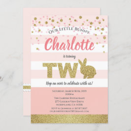 ピンクとゴールドのうさぎの女の子の2歳の誕生日招待状 招待状