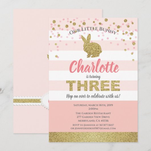 ピンクとゴールドのうさぎの女の子の3歳の誕生日パーティーの招待状 招待状 (正面/裏面)