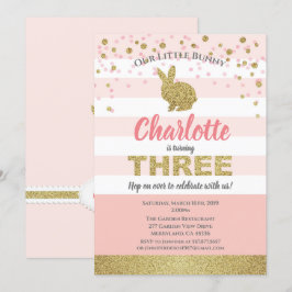 ピンクとゴールドのうさぎの女の子の3歳の誕生日パーティーの招待状 招待状