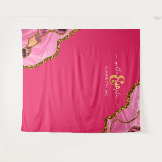 ピンクとゴールドのアゲートジオード結婚式 タペストリー (正面(横))