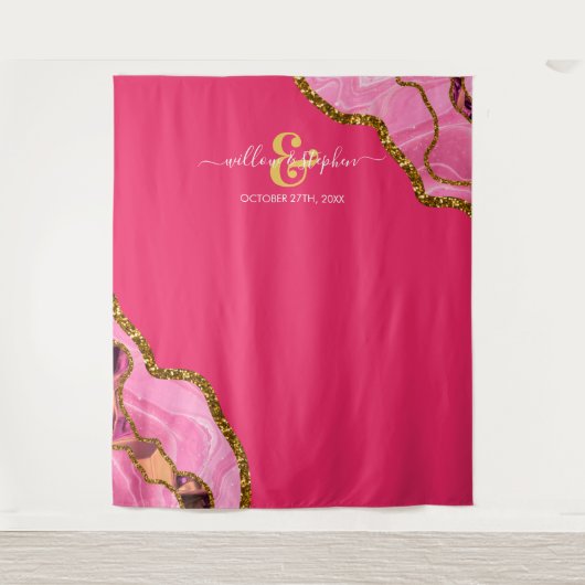 ピンクとゴールドのアゲートジオード結婚式 タペストリー (正面)