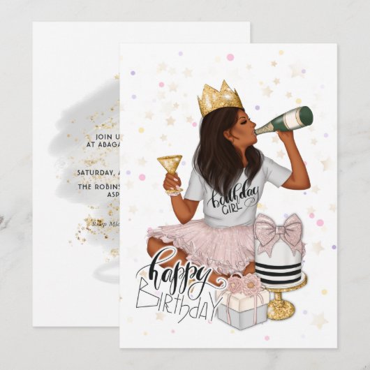 ピンクとゴールドのアフリカ系アメリカ人女子の誕生日パーティー 招待状 (正面/裏面)